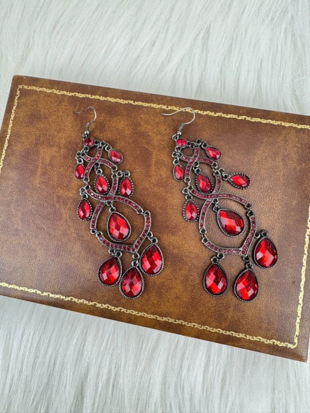 Long Ornate Red Rhinestone Multi-Tiered Teardrop Chandelier Statement Earrings